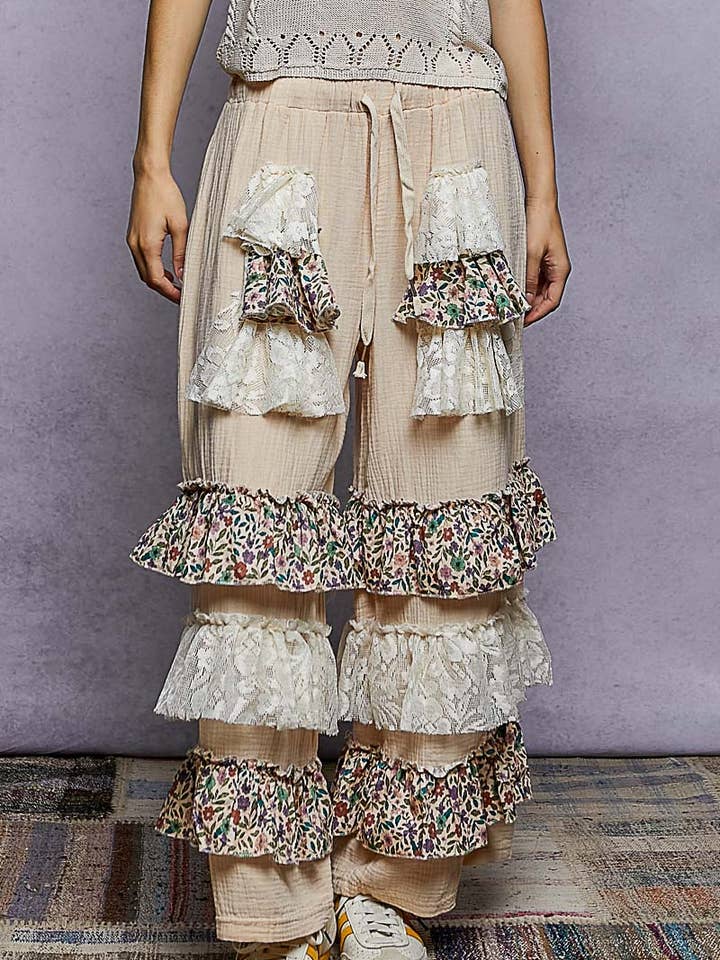 Pantalones de banda elástica sólida con volante de encaje de doble gasa para venta al por mayor de Pol Clothing