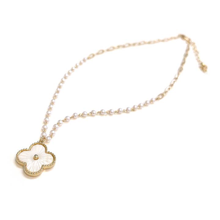 Clover Mother of Pearl Pendant Pearl Beaded Chain Necklace for wholesale by StarryNYC