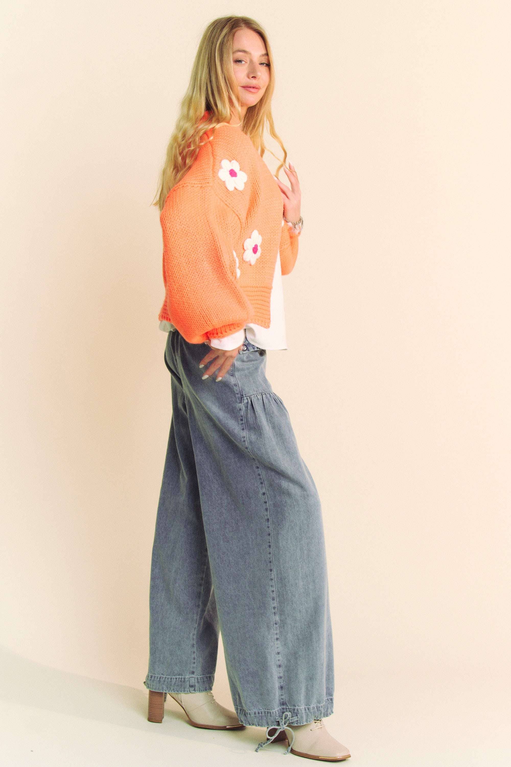 NEON ORANGE PLUS FLORAL APPLIQUE LANTERN SLEEVE CROP CARDIGAN for wholesale on Faire8