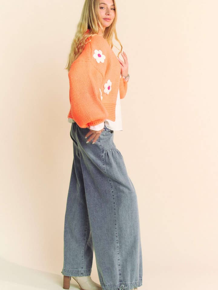 NEON ORANGE PLUS FLORAL APPLIQUE LANTERN SLEEVE CROP CARDIGAN for wholesale on Faire8