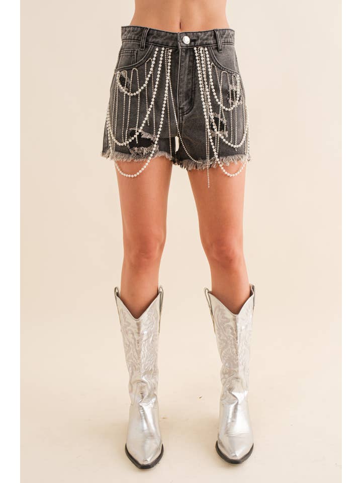 Blue B - Wholesale Shorts - Women's - 80014P - High Waist Rhinestone & Jewel Fringe Detail Shorts