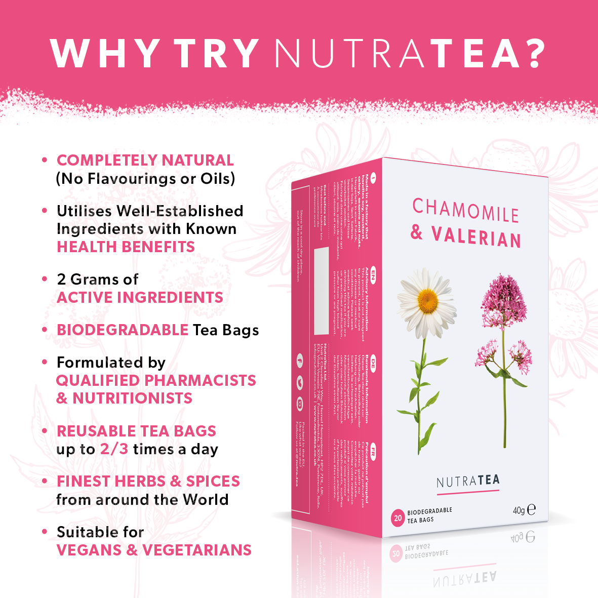 NutraTea – wholesale Health/detox tea – Chamomile & Valerian Herbal Tea2