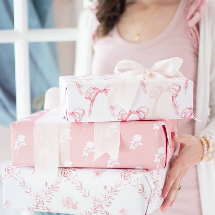 Simply Jessica Marie - Wholesale Flat Wrap - Pink Rosebud Trellis Watercolor Wrapping Paper 3 Sheets2