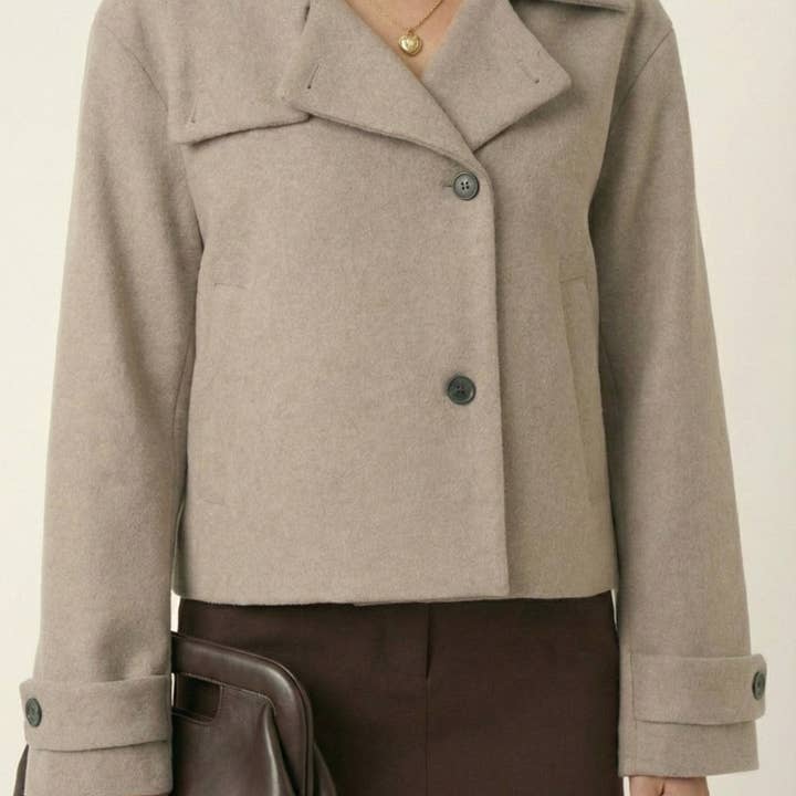 Cropped Wool-Blend Jacket with Oversized Collar and Button Front for wholesale by Modenaire