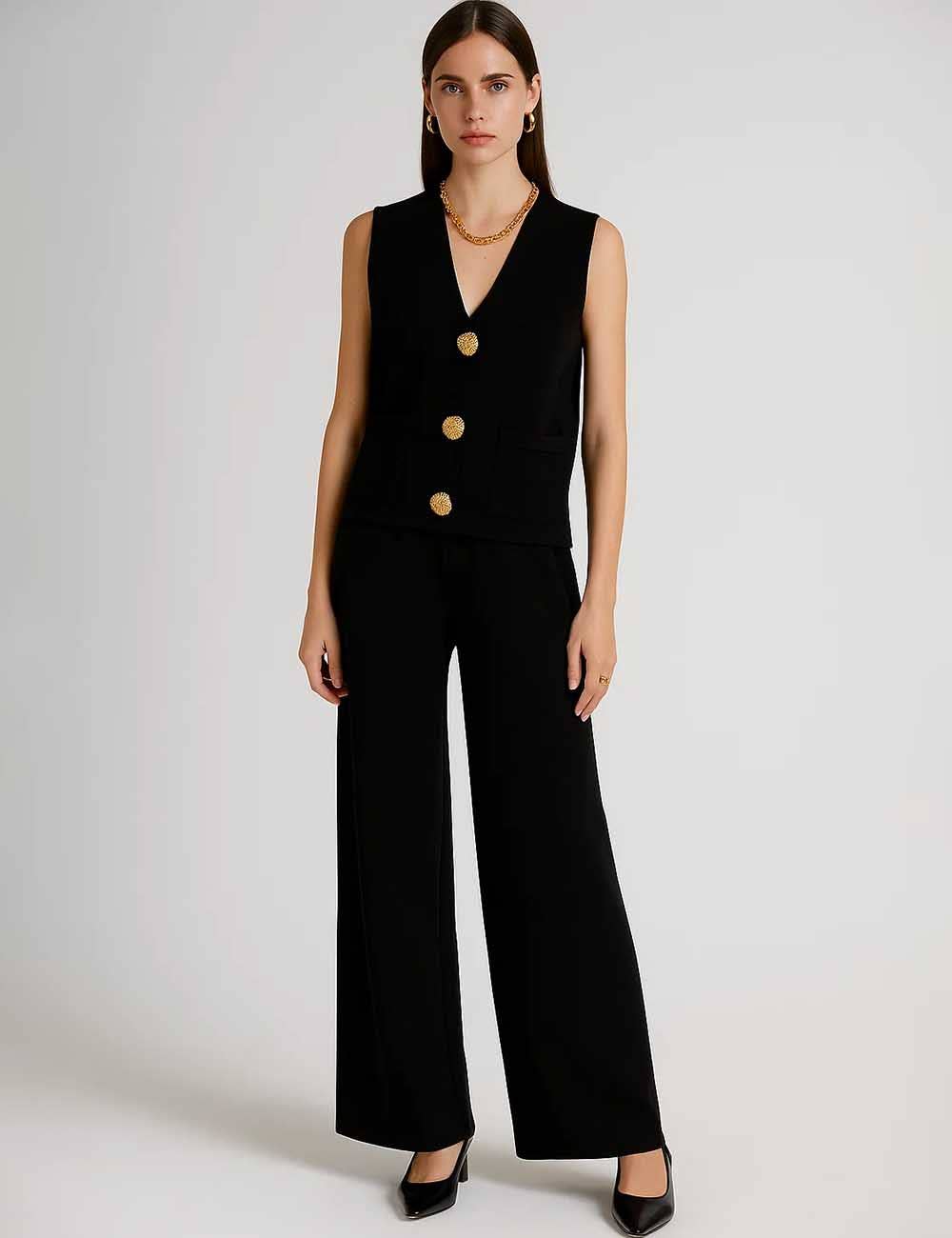 Sweetkama - Vendita all'ingrosso Completo top e pantaloni (NON loungewear) - Donna - Completo 2 pezzi: Gilet e Pantaloni a Maglia con Bottoni e Scollo a V a Tinta Unita da Donna5