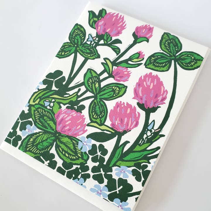 Little Green - Vente Assortiments de papeterie/cartes - Carte de vœux Botanical Spring Purple Clover Blank Shamrock3