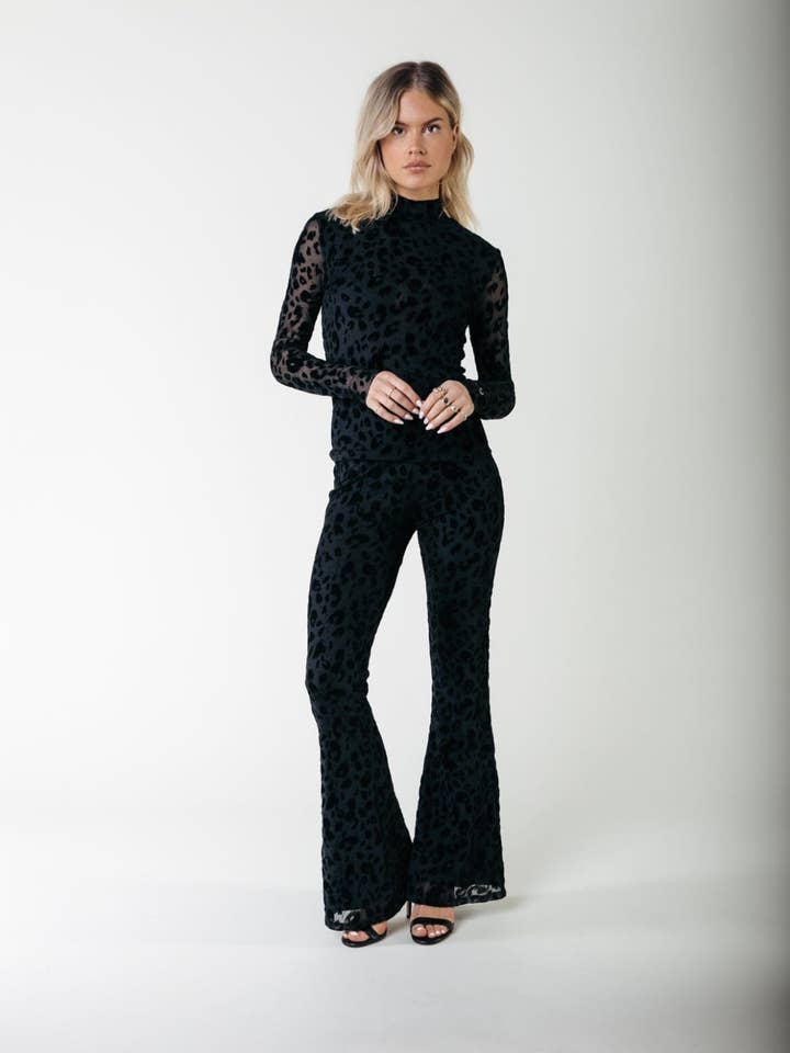 Leopard Flock Mesh Flare Pants | Black for wholesale by Colourful Rebel