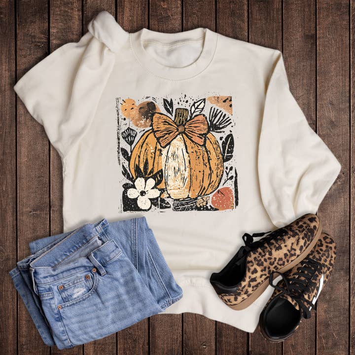 Pumpkin Boho Bow Floral Sweatshirt for wholesale by The Way Down South