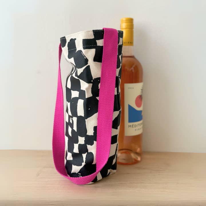 The Wine Tote - Checks - Black - Natural with Fuchsia for wholesale by Jenny Pennywood