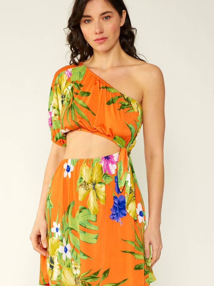 SD4391-A - TROPICAL PRINT CUTOUT ONE SHOULDER MINI DRESS for wholesale by FSL Apparel