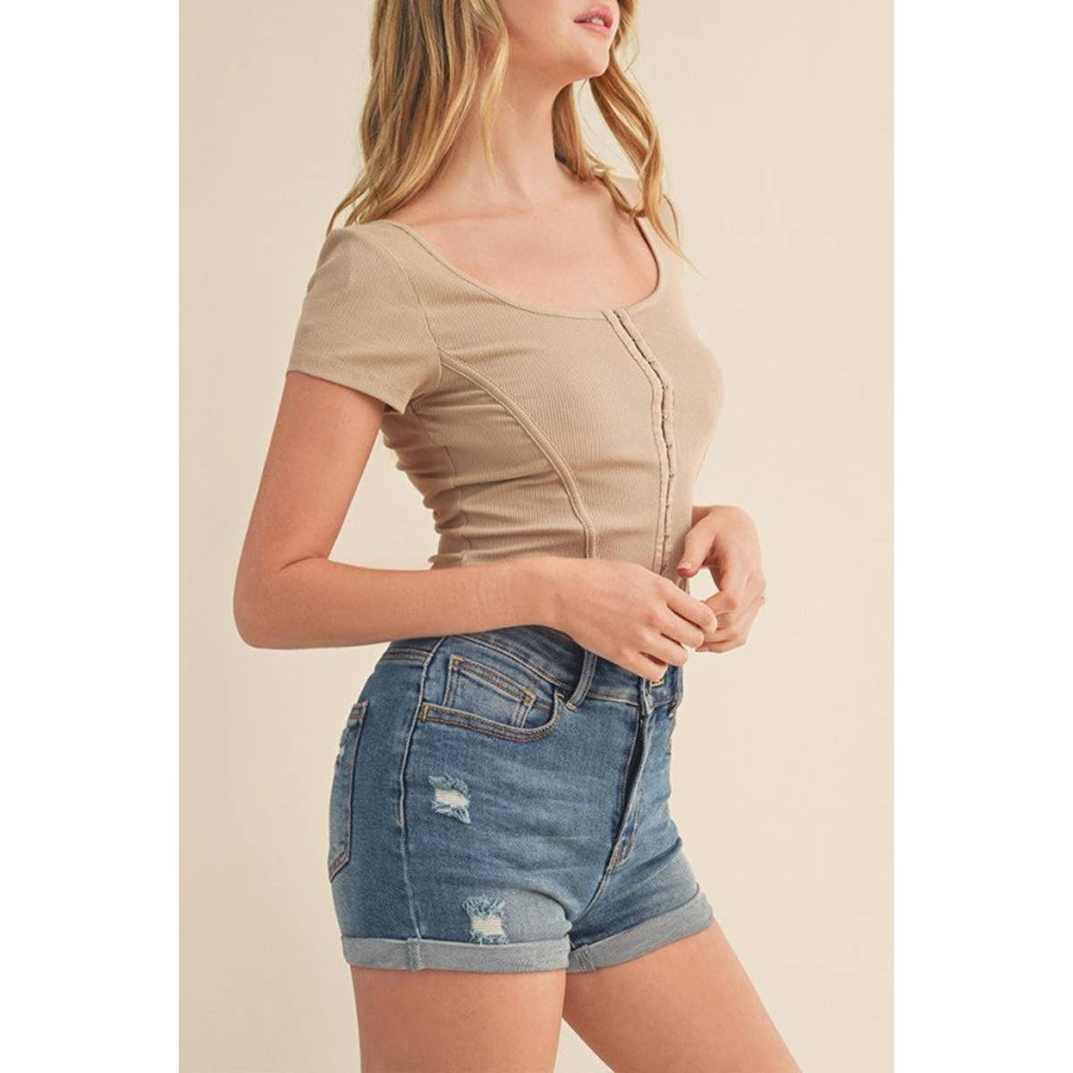 Timeless - Wholesale Knit Top - Women's - SQUARE NECK HOOK AND EYE BUSTIER SHORT SLEEVE TOP4