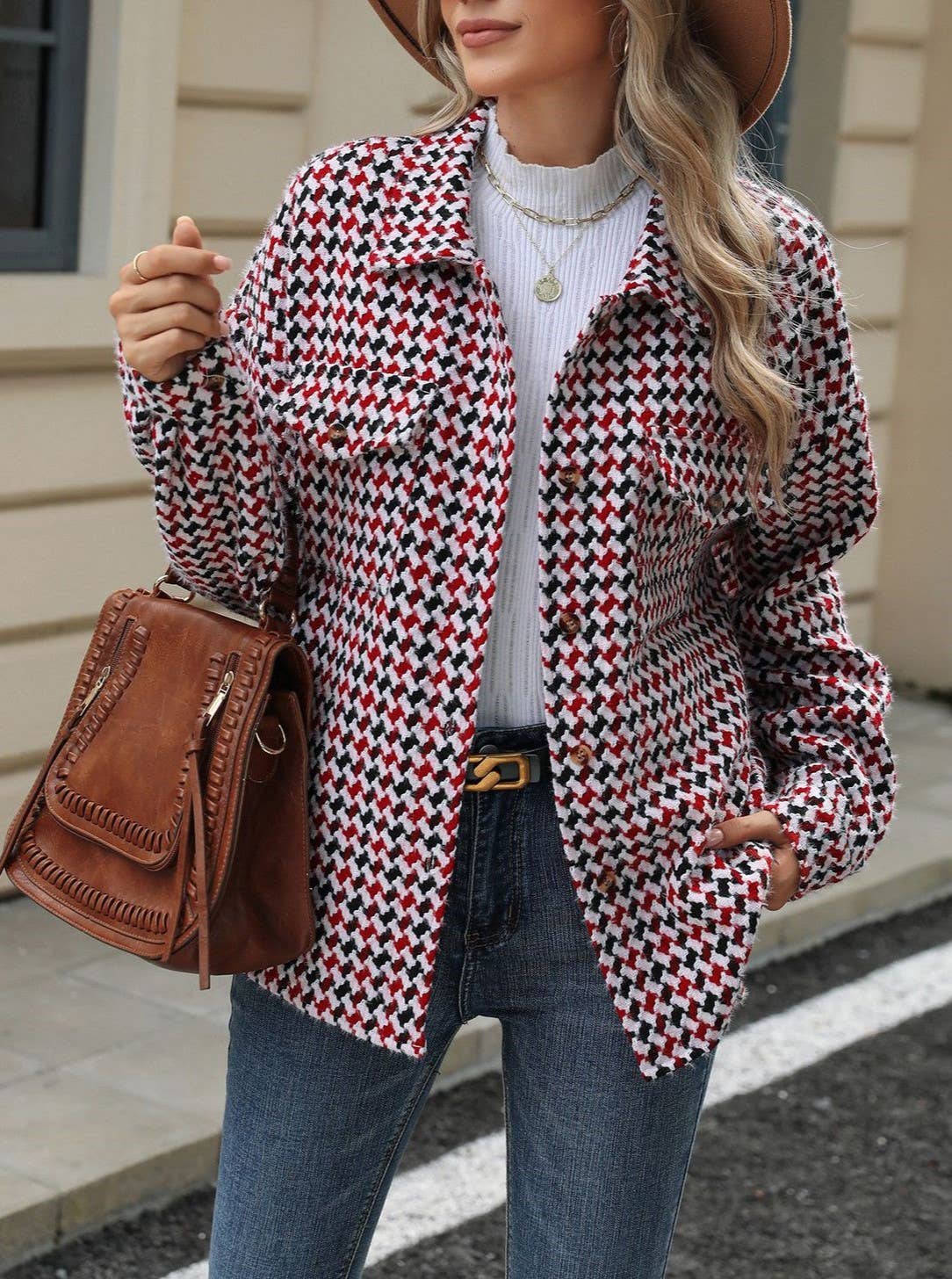 HIDDENBRAND - Wholesale Jacket - Women's - Classic Houndstooth Loose Lapel Jacket3
