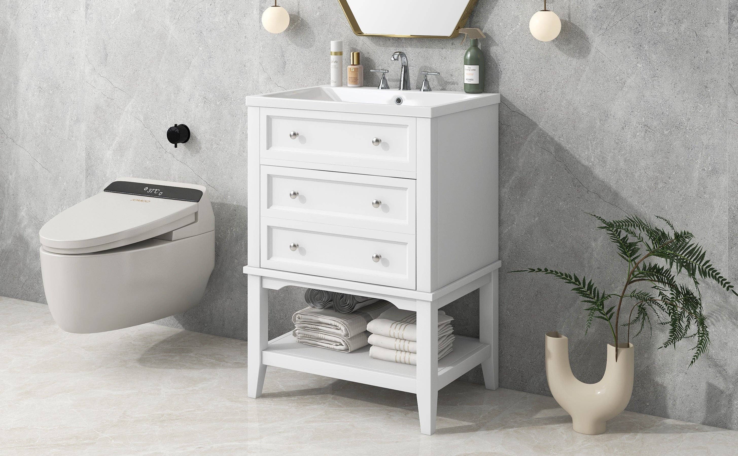 Orange County Decor - Wholesale Cabinet - 24" Bathroom Vanity With Sink, Bathroom Storage Cabinet With Drawer And Open Shelf, Solid Wood Frame, White White Solid Wood Mdf24