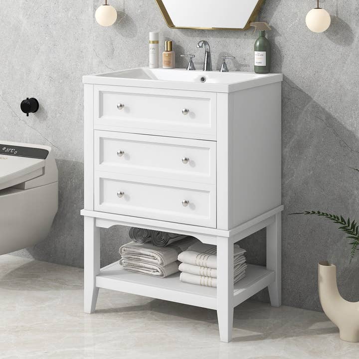 Orange County Decor - Wholesale Cabinet - 24" Bathroom Vanity With Sink, Bathroom Storage Cabinet With Drawer And Open Shelf, Solid Wood Frame, White White Solid Wood Mdf24