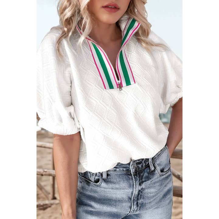Zipper Collar Texture Pop of Color Neckline Blouse for wholesale by fashionworks