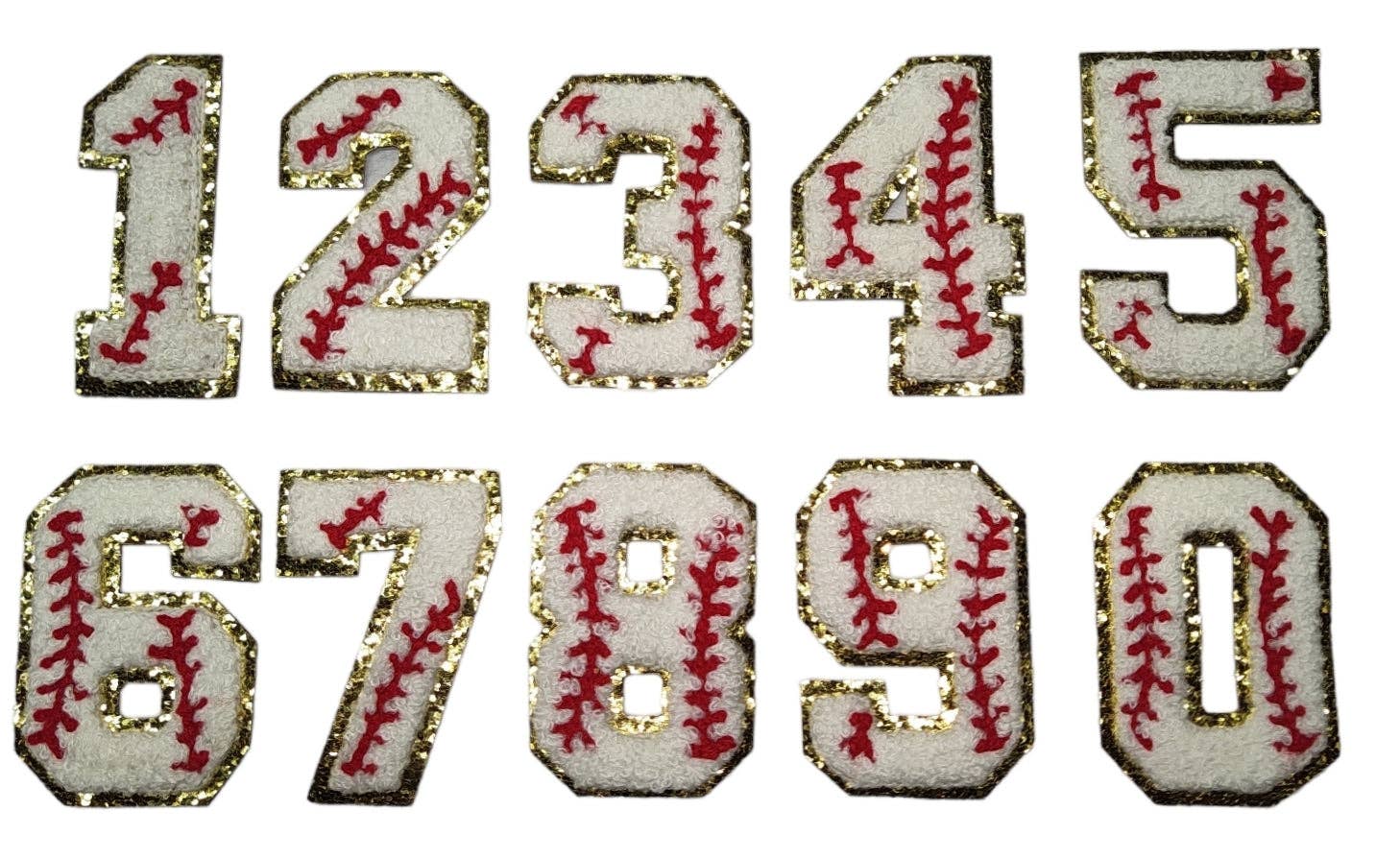 Baseball Numbers Chenille Iron On Gold Glitter Patches for wholesale on Faire0