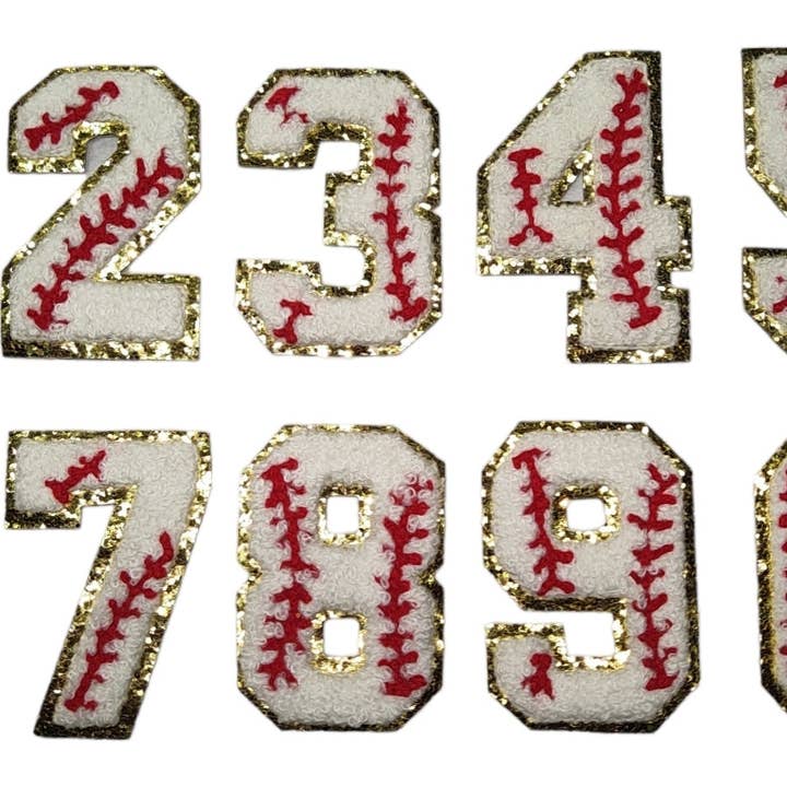 Baseball Numbers Chenille Iron On Gold Glitter Patches for wholesale on Faire