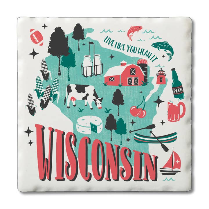 "Wisconsin" 2-Tone 4 Pack Tumbled Tile Coasters for wholesale by Conimar Promotions
