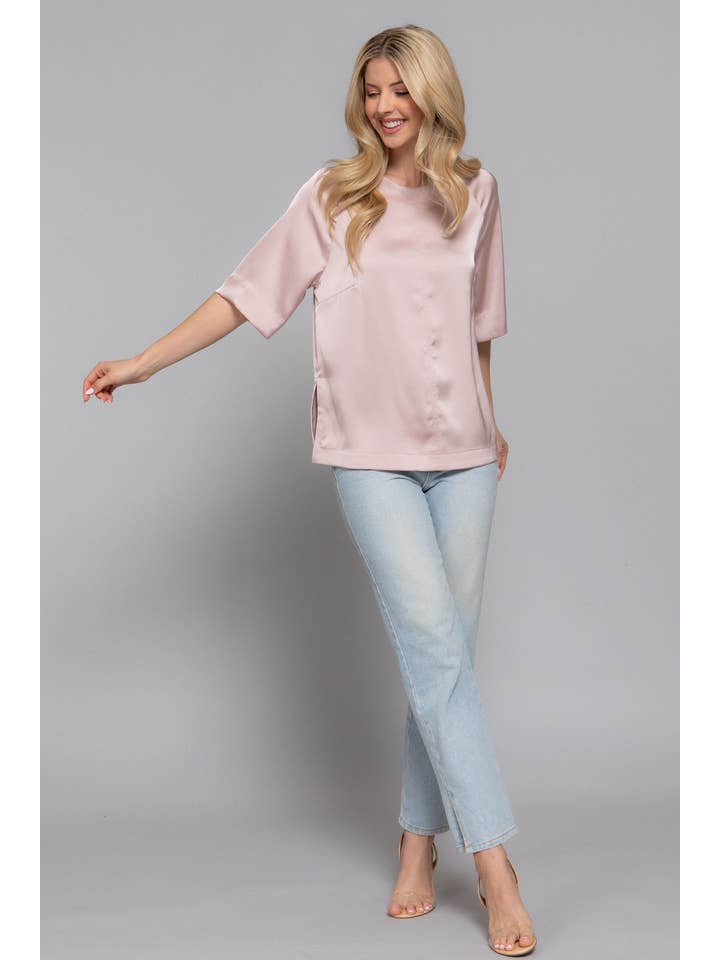 Active Basic | Active USA - Wholesale Blouse – Women’s - Raglan Elbow Sleeve Side Slit Back Closure Satin Blouse15