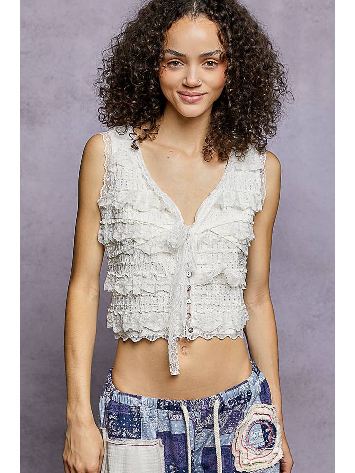 Pol Clothing - Wholesale Blouse - Women's - V-neck sleeveless cropped woven lace top23