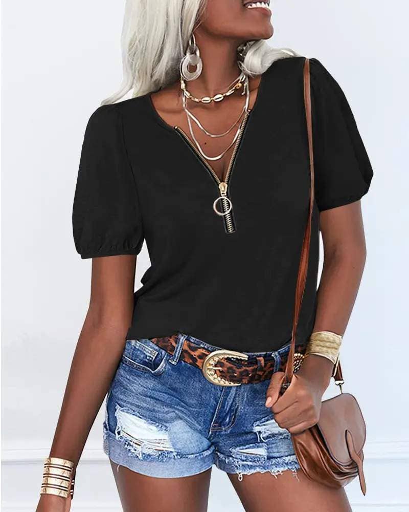 Flarix – Engroshandel Bluse - Dame – lynlås foran puff ærme afslappet t shirt7