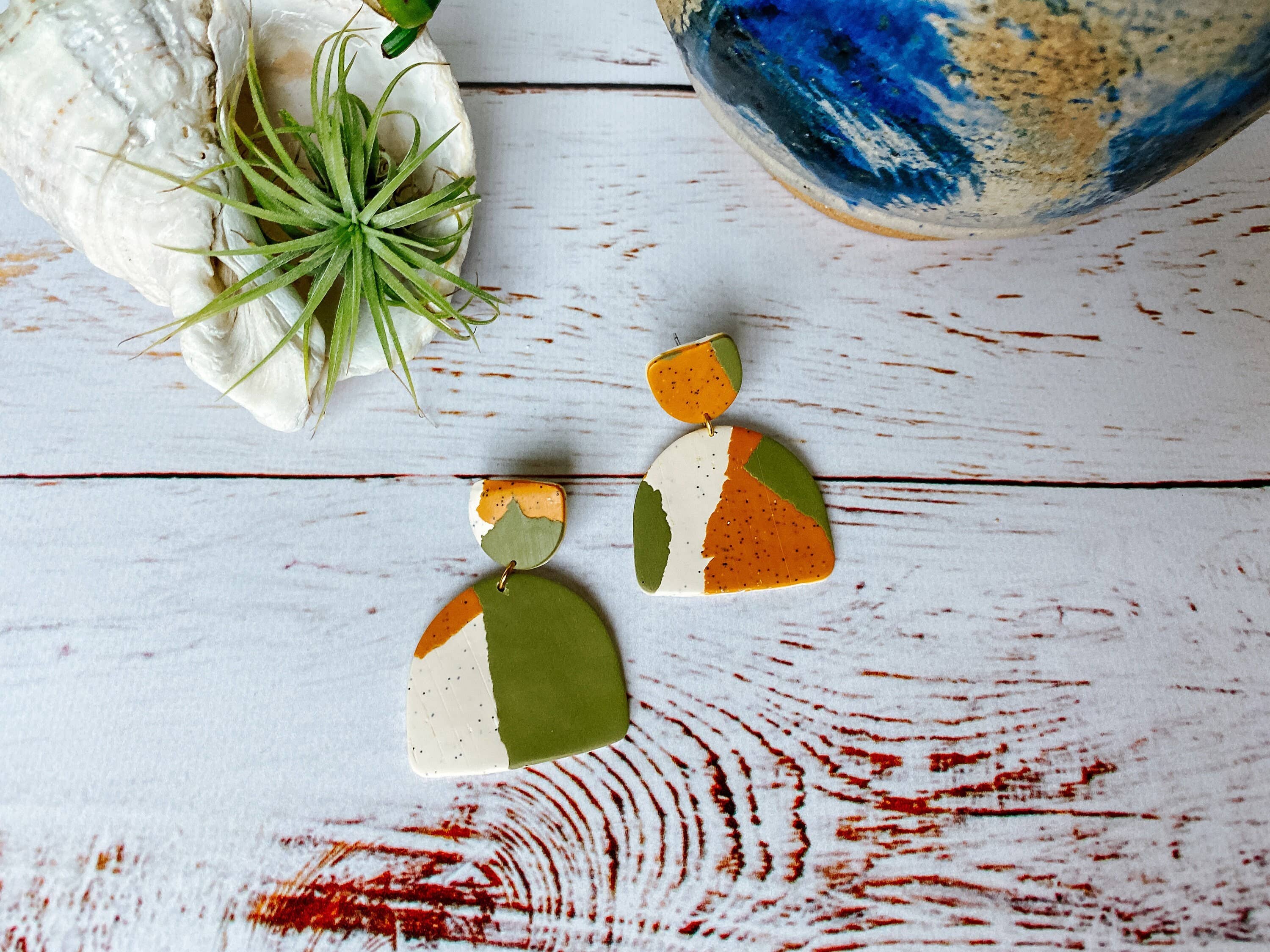 Lauren Likes Art - Wholesale Dangle Earrings - Olive Green Mustard Yellow Abstract Earrings, Big Dangle Earrings, Gift for Women, Statement Earring, Earth Tone Jewelry, Beige Taupe Ombre