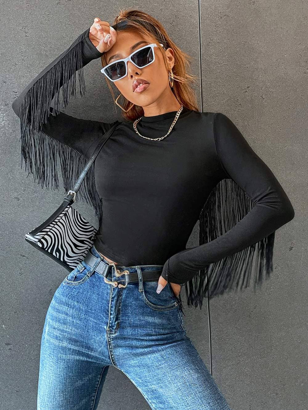 Flarix - Wholesale Blouse - Women's - fringe trim solid fitted tee5