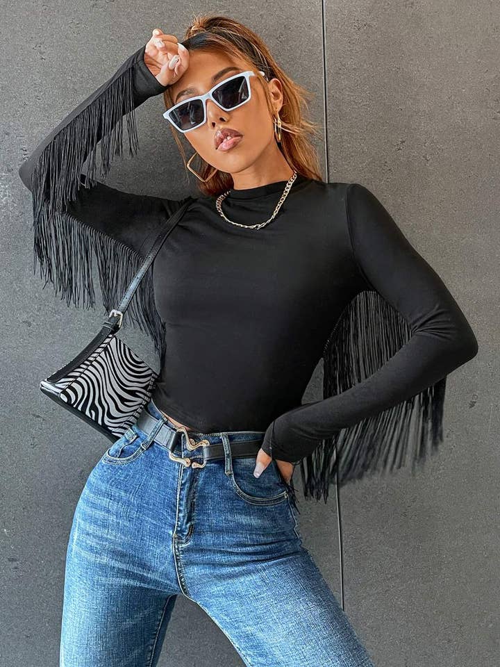 Flarix - Wholesale Blouse - Women's - fringe trim solid fitted tee5