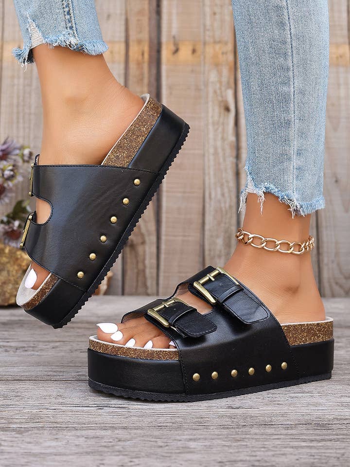 Threaded Pear - Wholesale Sandals - Women's - Dual Buckle Studded Platform Sandal Slippers7
