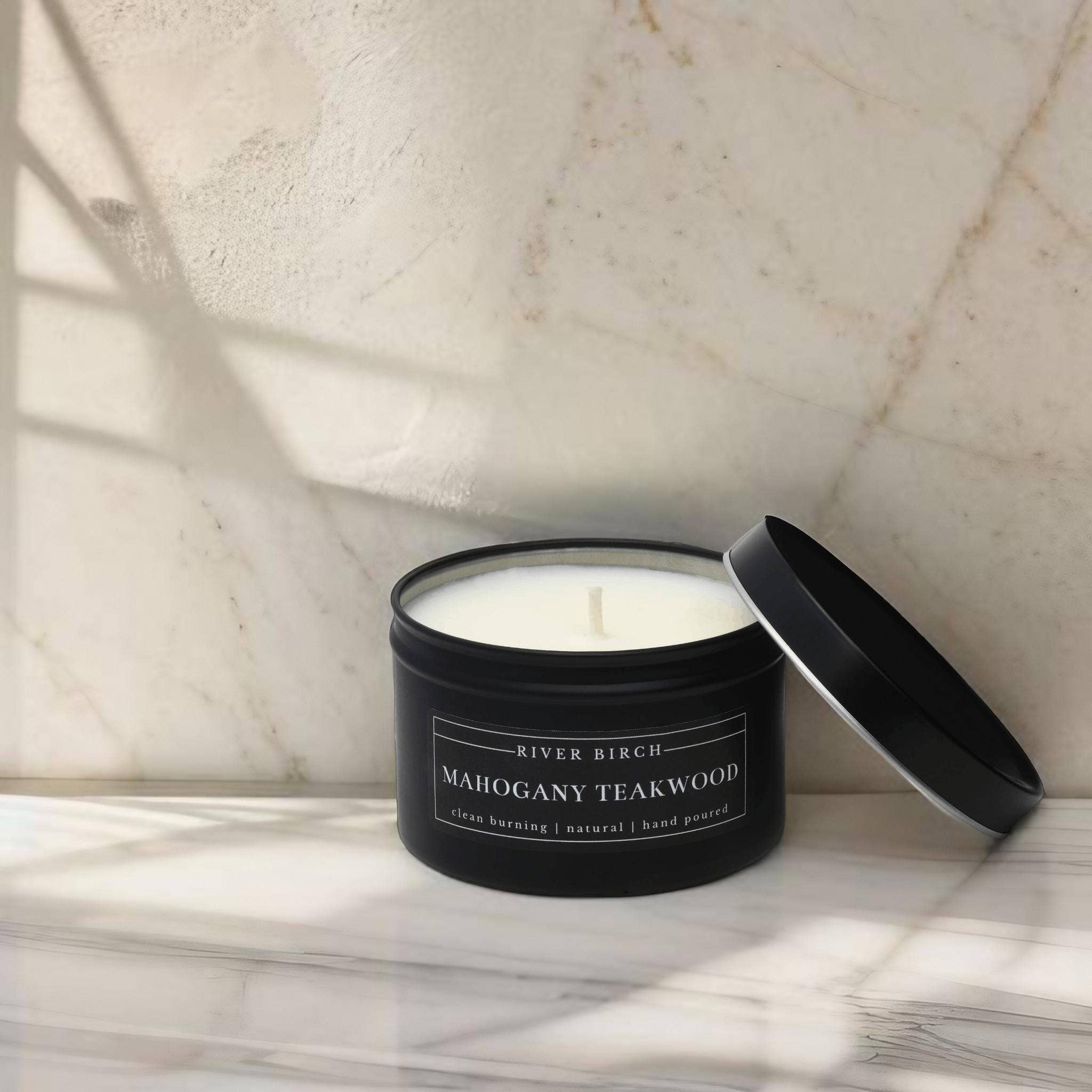 River Birch Candles - Wholesale Travel Candles - 8oz Mahogany Teakwood - Black Tin 12