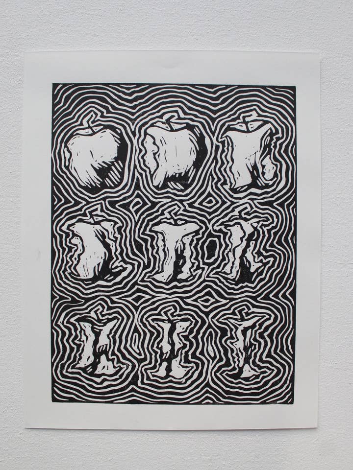 11x14" Hypnotic Apple Linocut Block Print Original Art for wholesale by Lying Dog Press