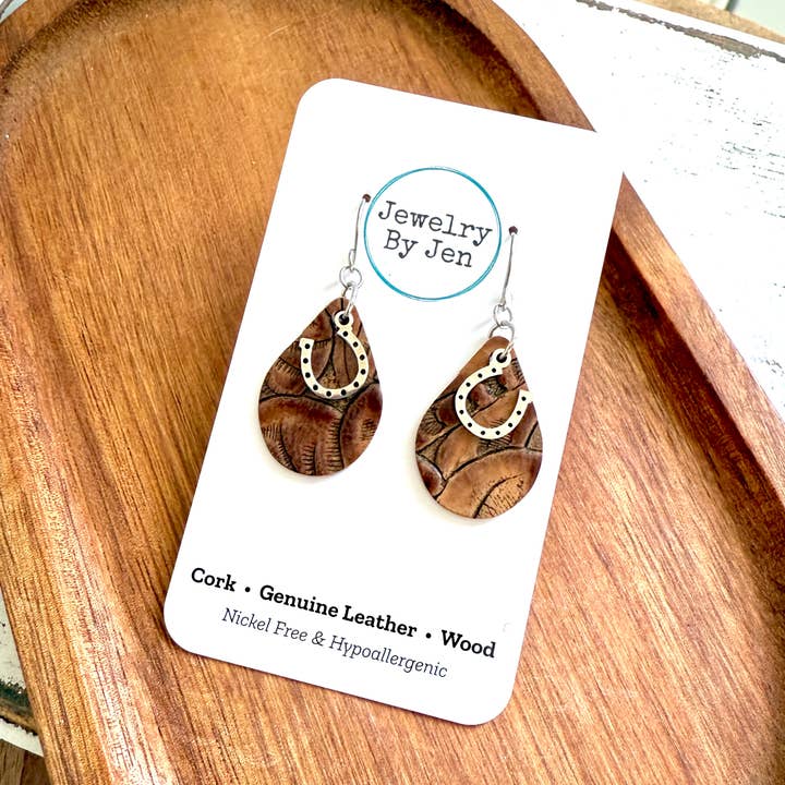 Jewelry By Jen - Wholesale Dangle Earrings - Small Teardrop Earrings: Brown Tooled w/Horseshoe Charm4