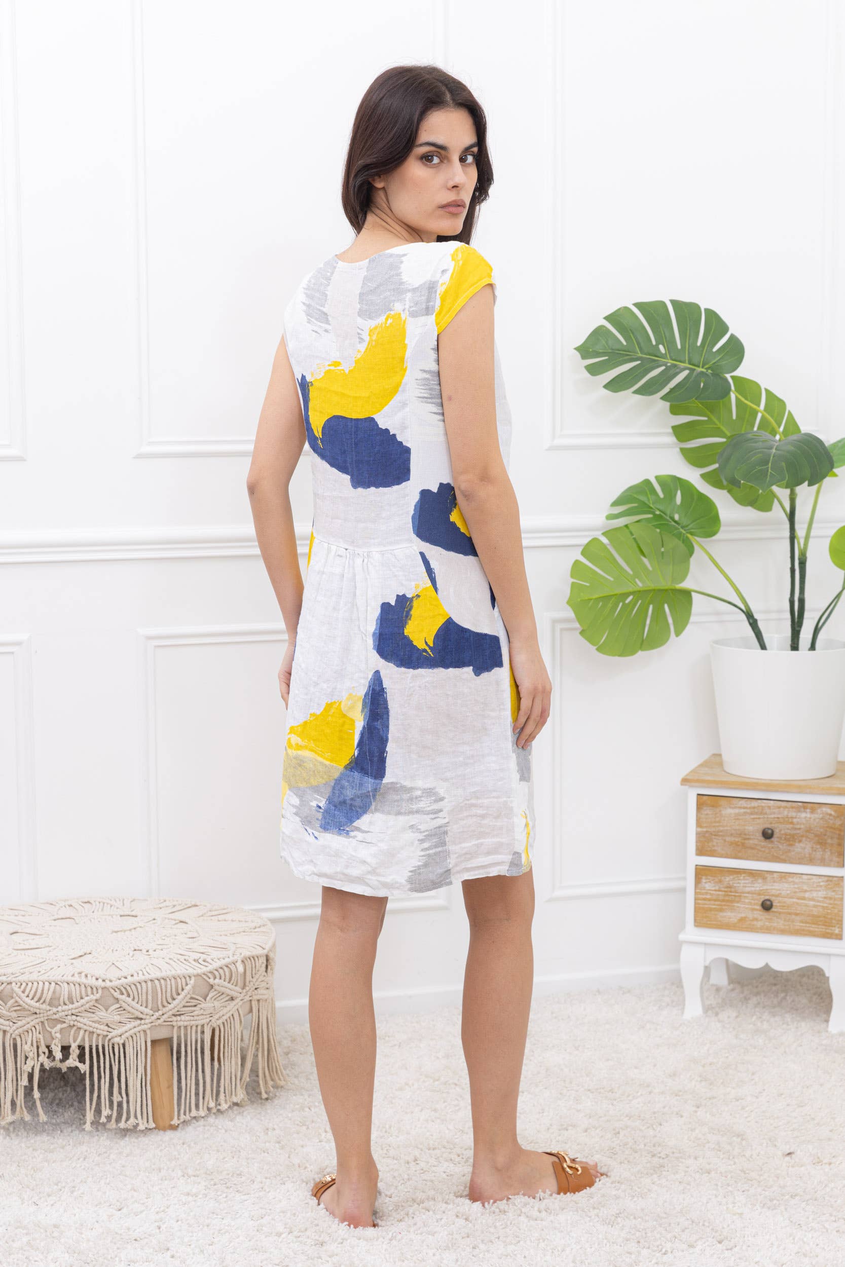 Happy look - Wholesale Dress - Women's - Short sleeve abstract printed linen short dress 7