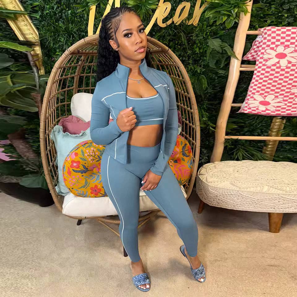 MB Fashion Wholesale - Wholesale Activewear Set - Women's - MB FASHION 3-Piece Activewear Set – Sports Bra, Leggings & Zip Jacket MB50388