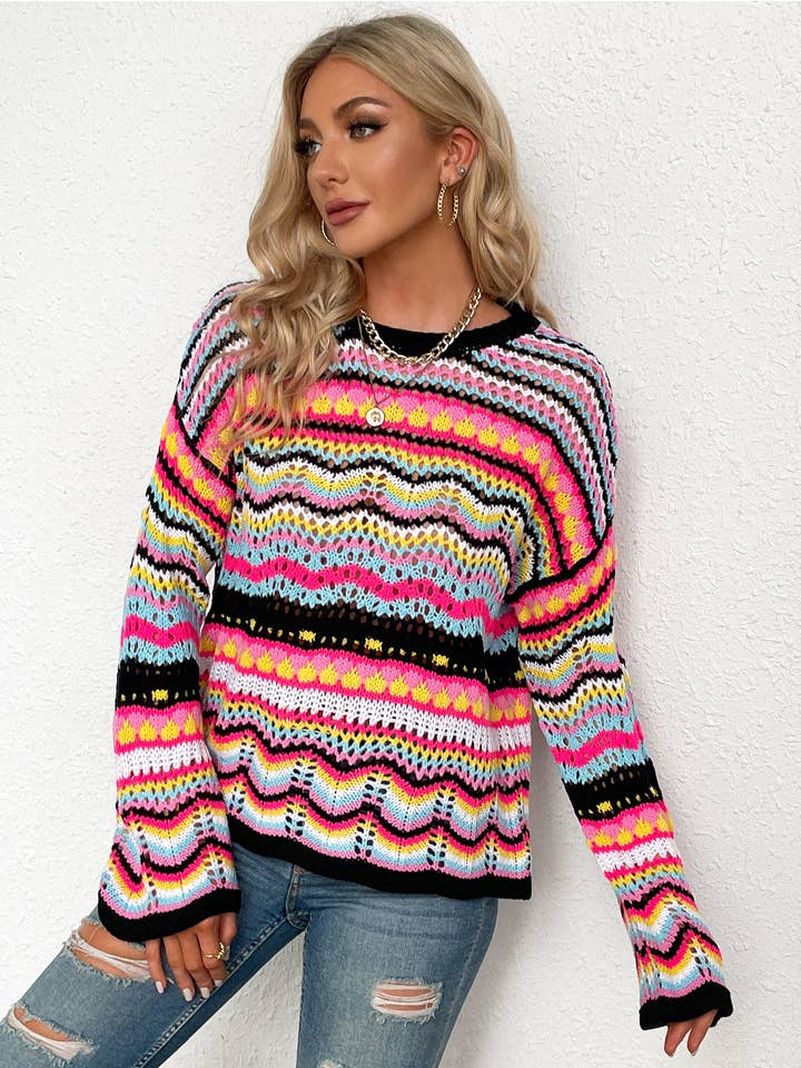 YNIQUE – Engroshandel Pullover - Dame – Kvinders stribe langærmet rund hals sweater toppe4