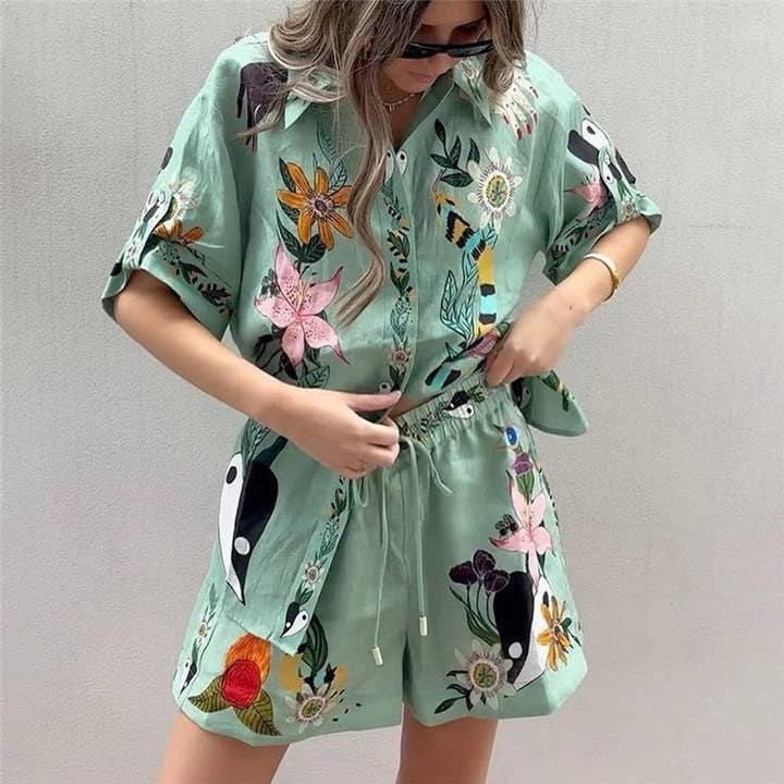 GREEN Relaxed Fit Printed Short Sleeve Shirt And Shorts Set for wholesale on Faire