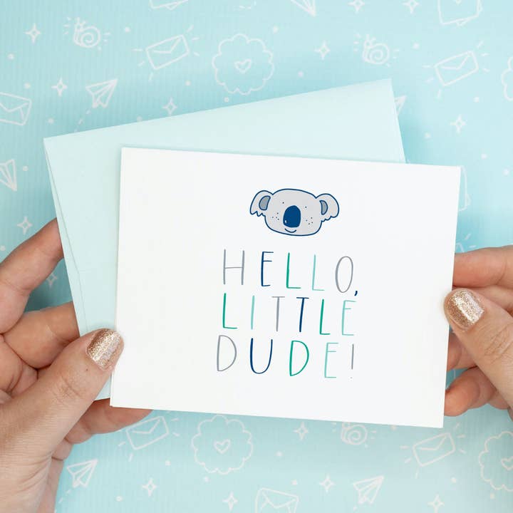 Little Dude New Baby Funny Recycled Greeting Card for wholesale by Colette Paperie