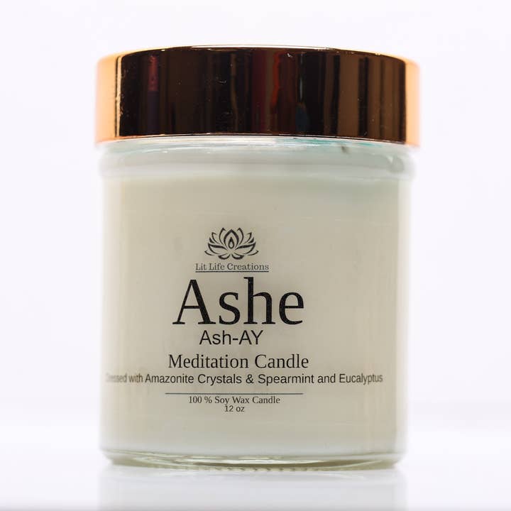 Ashe Meditation Candle 12 oz with Guided Meditation included for wholesale by Lit Life Creations
