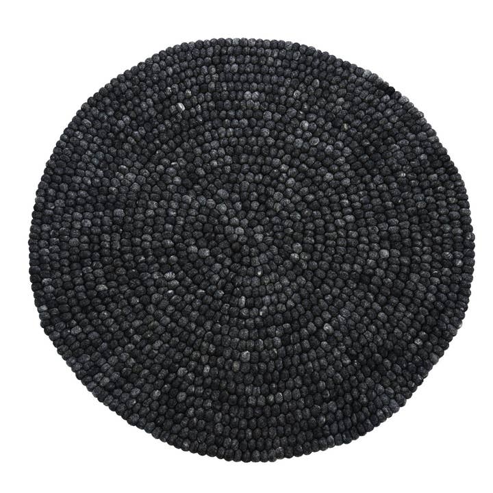 Handmade Ebony Felt Ball Rug – Round Black Wool Area Rug for wholesale by NadaYoga