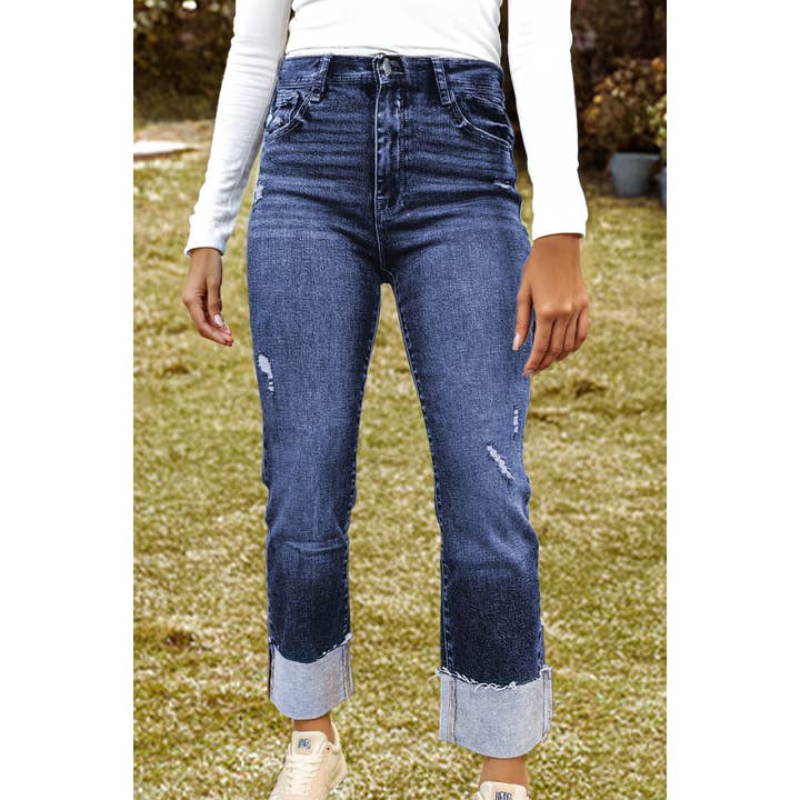 Western Folded Cuffs Distressed Straight Jeans*4-16 for wholesale by fashionworks