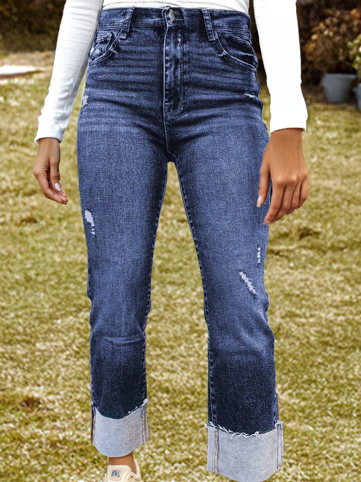 Jeans droits usés à revers occidentaux*4-16 pour la vente par fashionworks