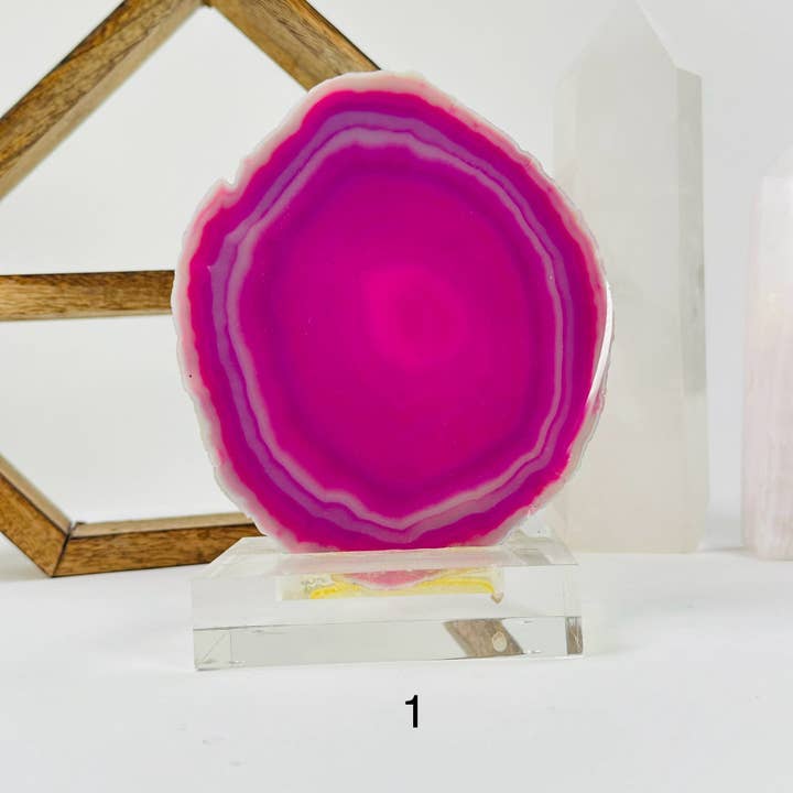 Rock Paradise - Wholesale Spiritual Stone/Crystal - Pink Agate Crystal Slice on Acrylic Stand YOU CHOOSE