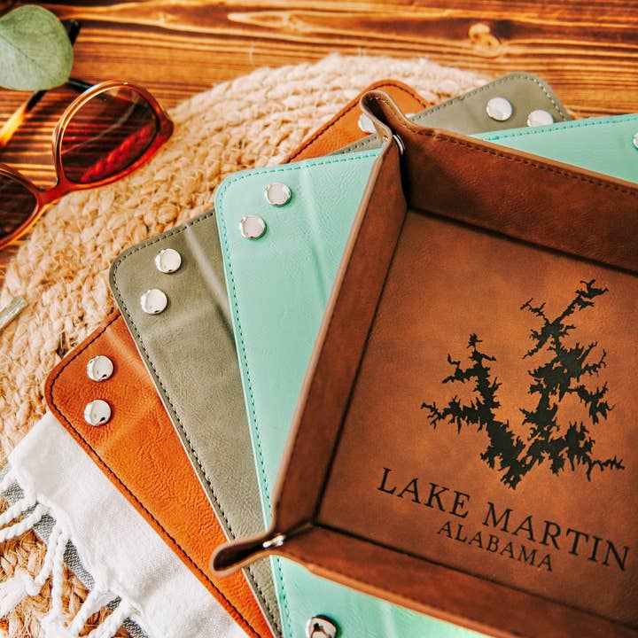The Lillie Pad - Wholesale Decorative Tray - Custom Lake Map Engraved Leatherette Valet Tray2