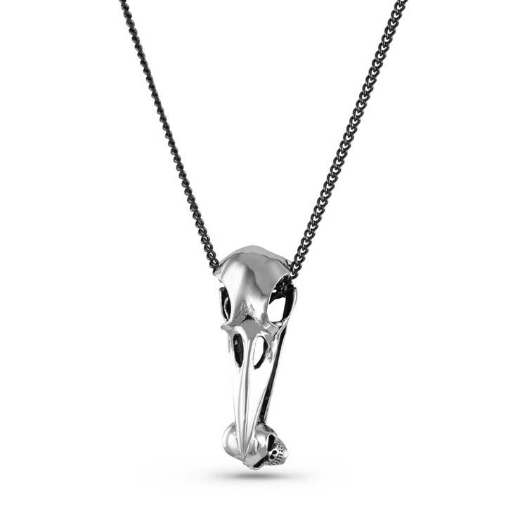 Raven Skull With Human Skull Necklace - Silver for wholesale by Lost Apostle