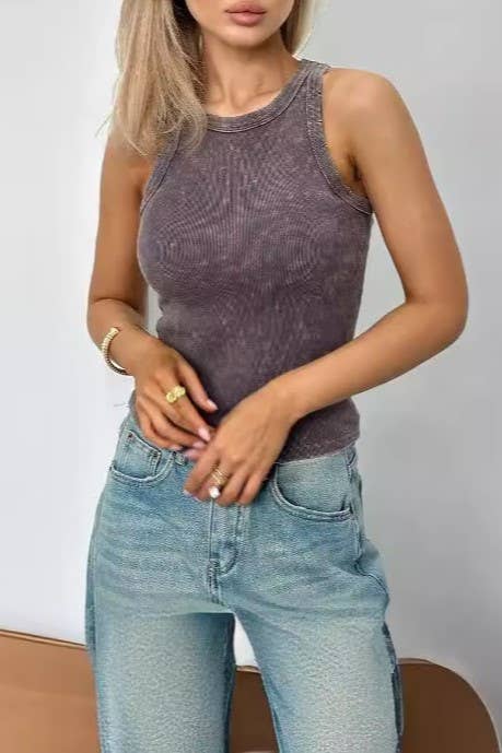 Rosa Clothing - Wholesale Tank Top - Women's - Distressed Washed Rib Round Neck Basic Tank Top8