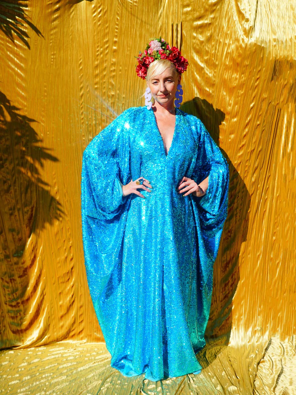 Fumbalinas - Vente Caftan – femme - Robe Caftan Maxi en Sequins Holographiques Turquoise / Kimono Robe