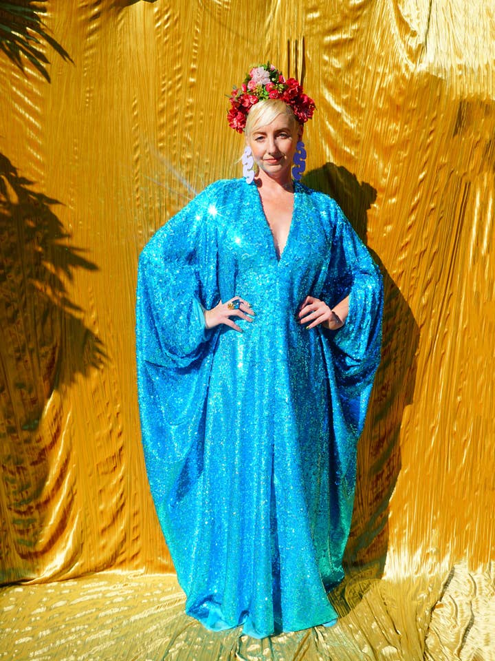 Fumbalinas - Vente Caftan – femme - Robe Caftan Maxi en Sequins Holographiques Turquoise / Kimono Robe0