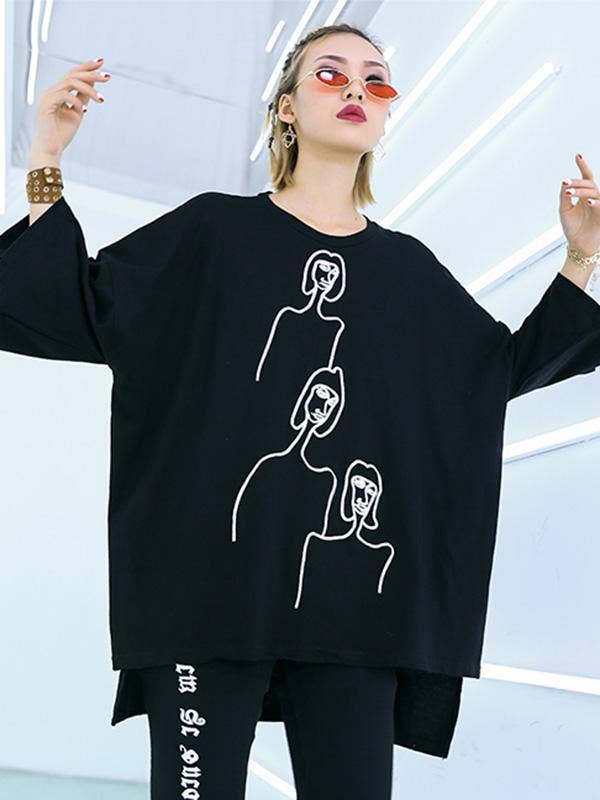 BLACK Embroidered Black&White Loose Round-Neck T-Shirt for wholesale on Faire