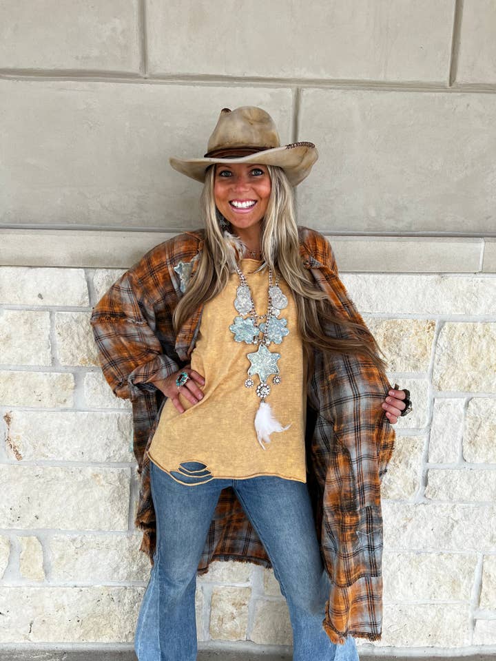 A Rare Bird Shop - Wholesale Tunic - Women's - Mustard Washed Distressed Ripped Shirt