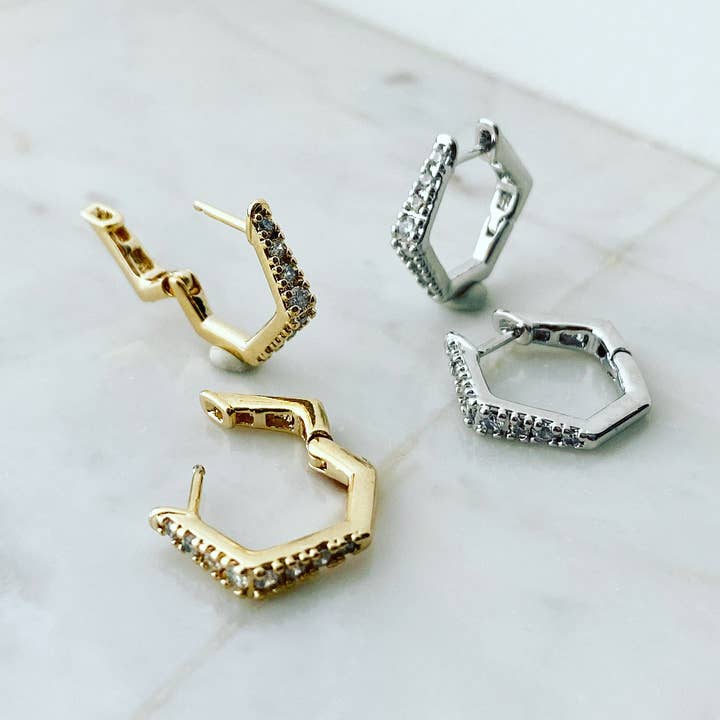 Huggie Hoop Earrings: Pave Hexagon for wholesale by musthavemustget